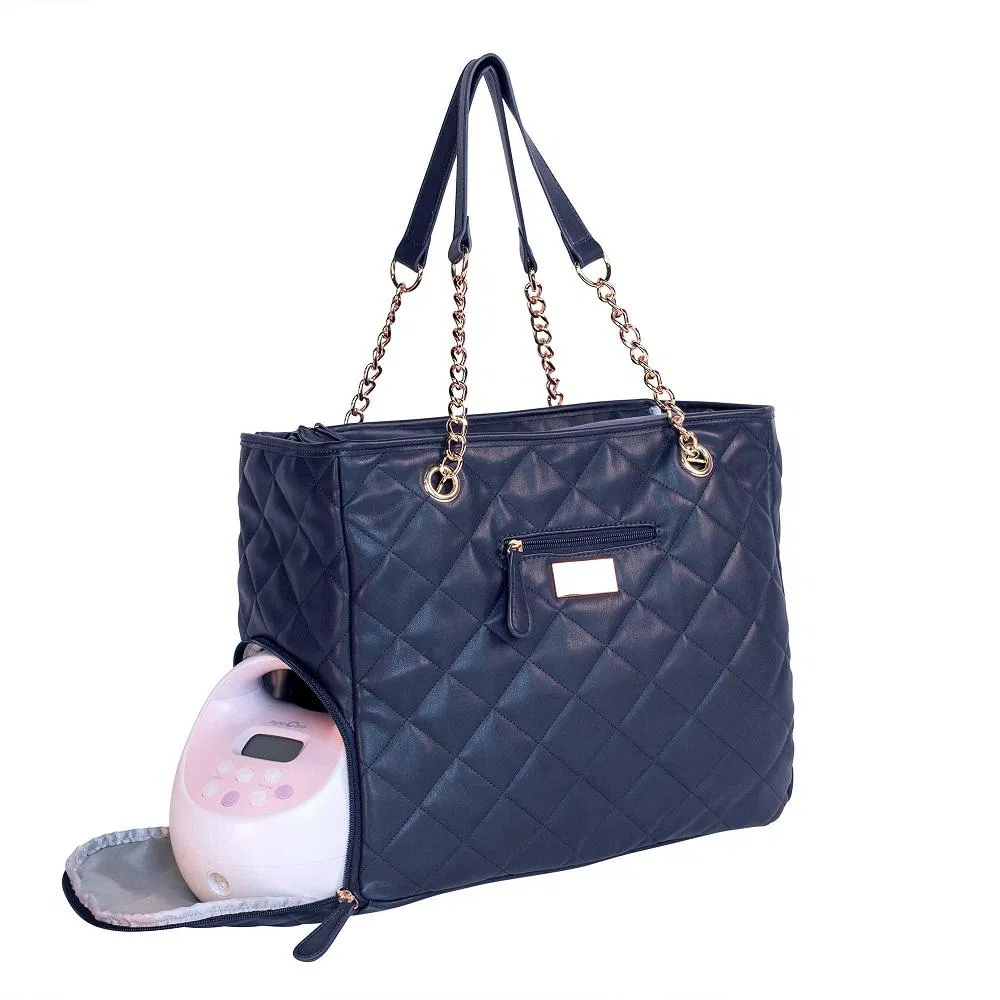 Quilted PU Diaper Tote with Chain Straps and Side Access Pocket