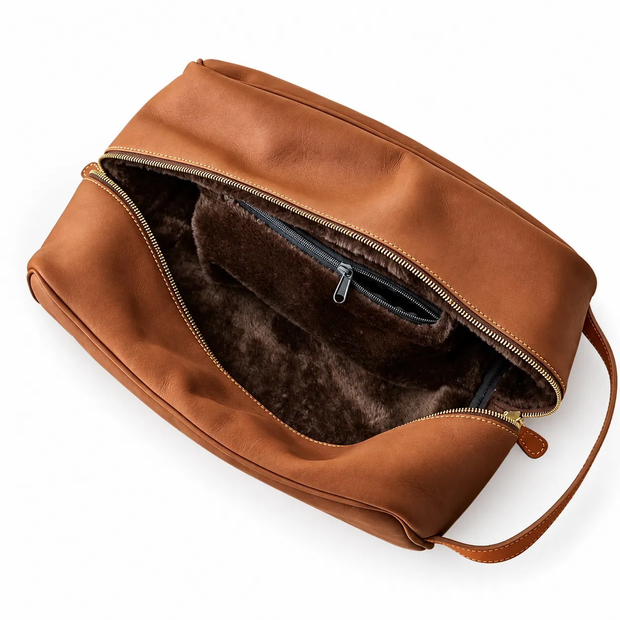 Custom Brown PU Shoe Storage Bag with Faux Fur Lining and Zipper
